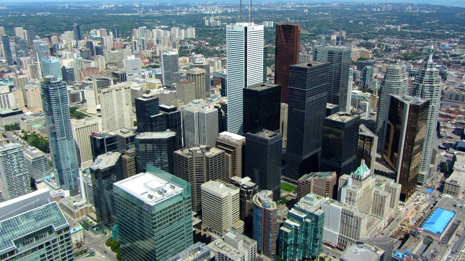 Aerial view of the office towers of Toronto's financial district, where Canada's largest banks have their headquarters