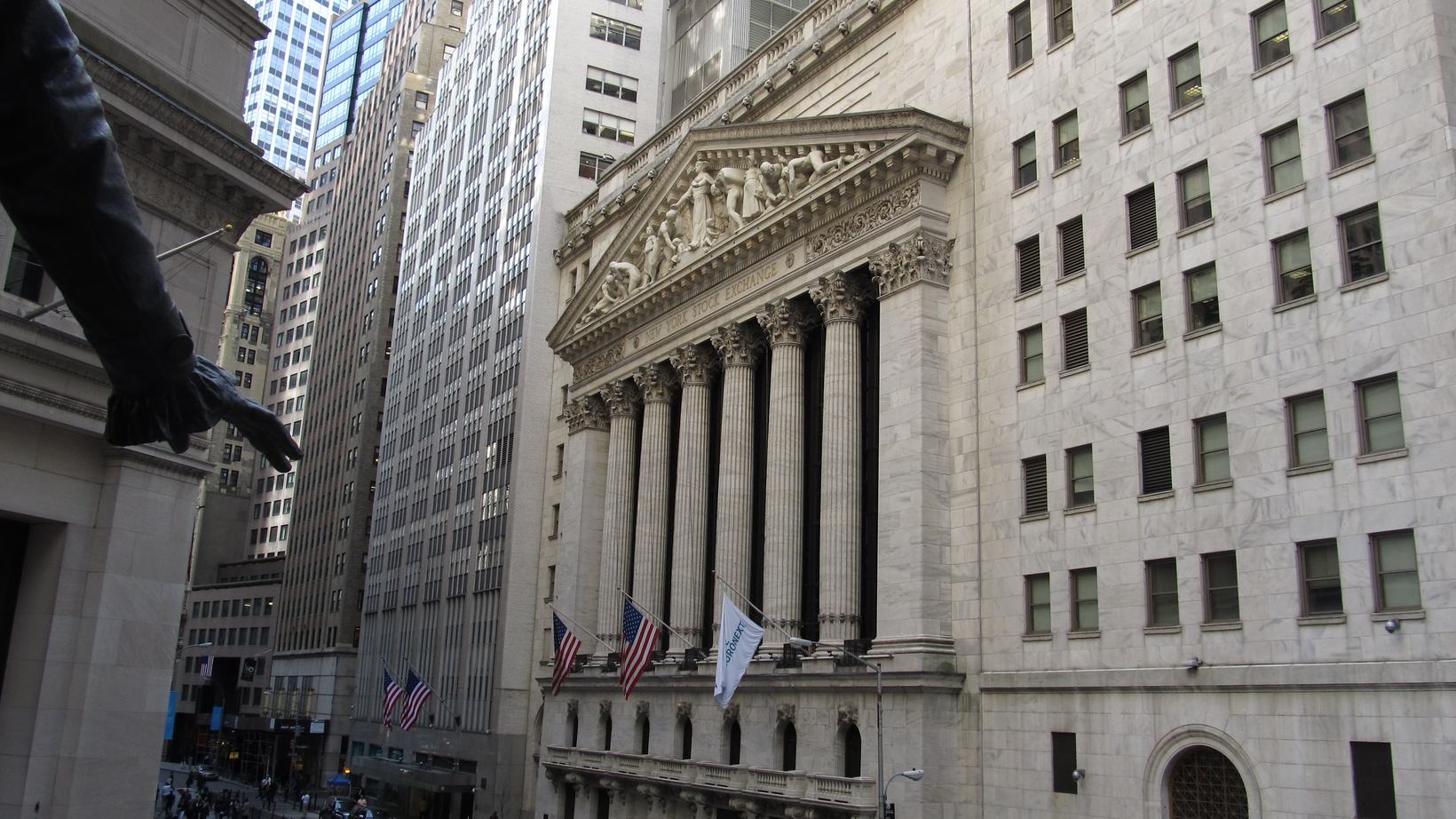 The columned front of the New York Stock Exchange building on Broad Street in Manhattan.