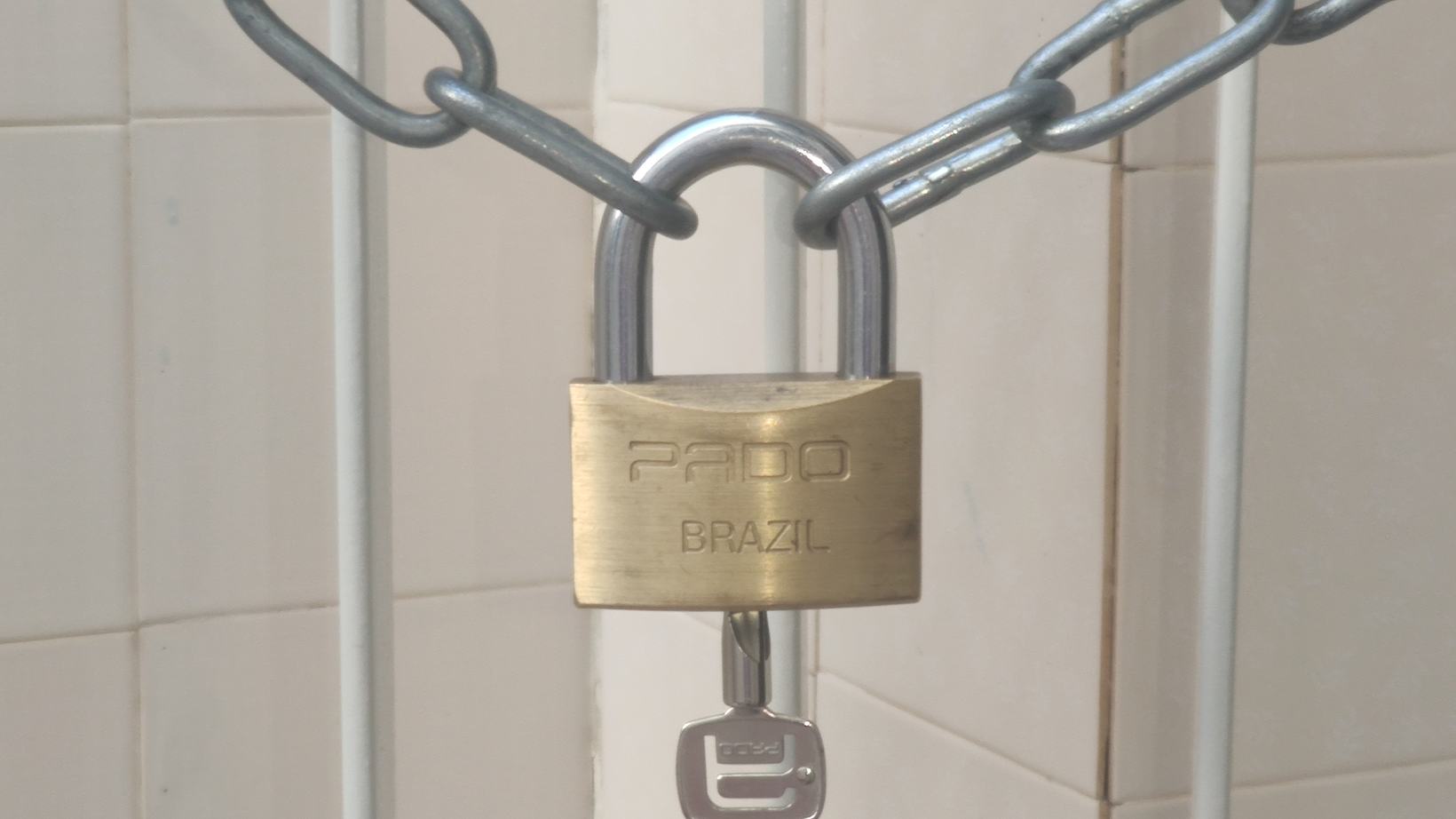 A brass padlock with its key in the lock, holding a steel chain across white bars.
